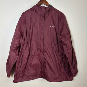 Columbia Rain Jacket Women 3X Burgundy Omni-Tech Hooded Waterproof Windbreaker